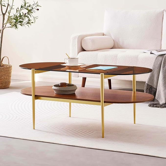 LumFurn Oval Glass Coffee Table, Mid-Century Modern Design, L41 x W21 x H17 inch