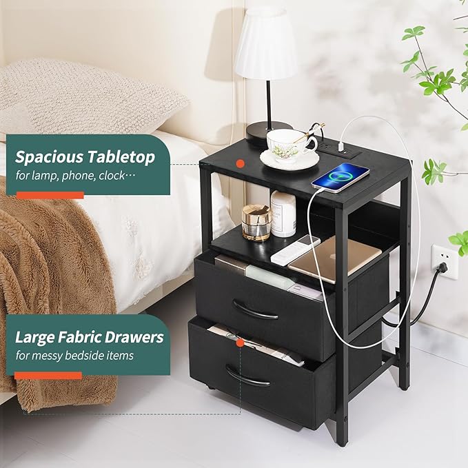 Yoobure Nightstand with Charging Station, LED Night Stand with Fabric Drawers