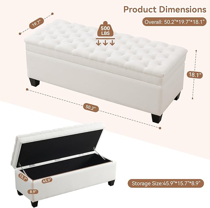 WUTUTUEE 51" Fabric Storage Ottoman Bench, Upholstered Rectangle End of Bed