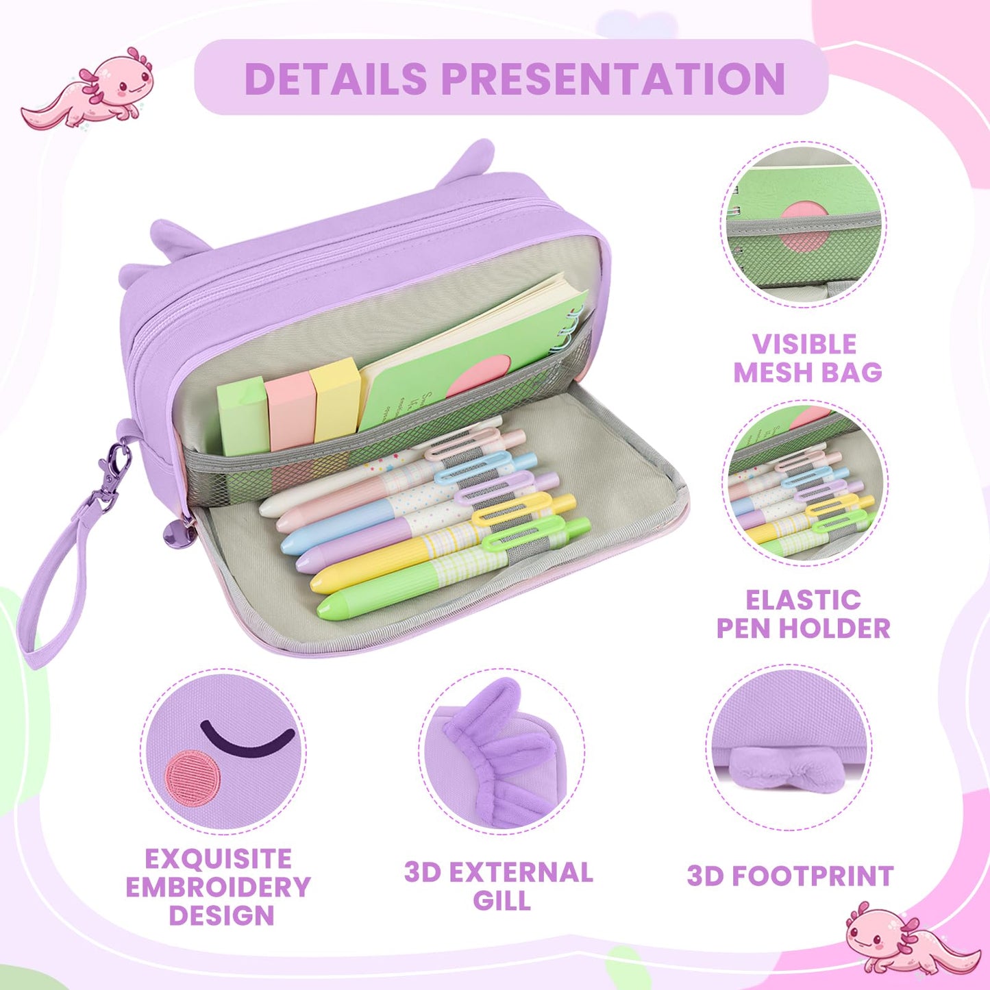 EHZYP Axolotl Pencil Case, Pencil Case For Girls Kids, Salamander Pen Box For School, Large Capacity Pen Pouch,School Supplies Bag for Kids (Purple)