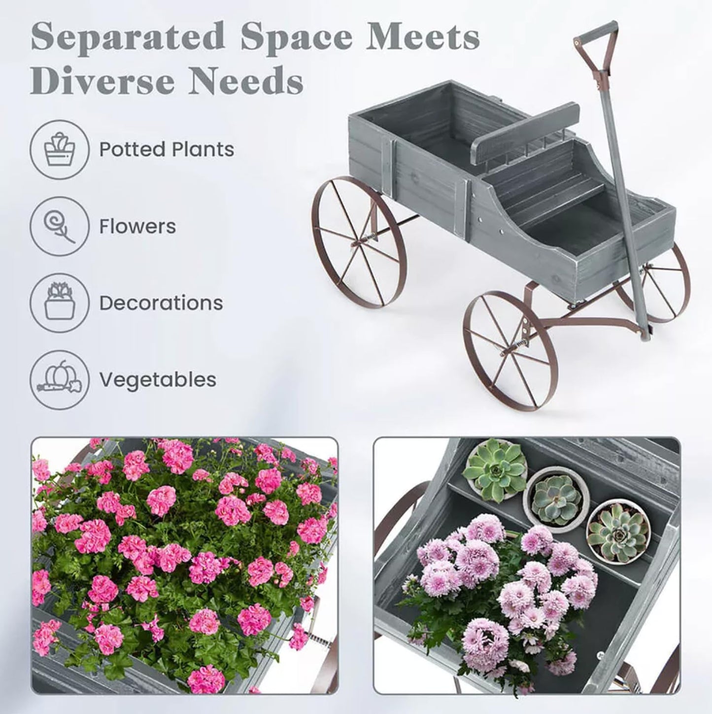 Wagon Planter, Decorative Wooden Garden Planter with Wheels, 2 Planting Sections and Adjustable Handle, Indoor Outdoor Backyard Balcony Decor (Grey)