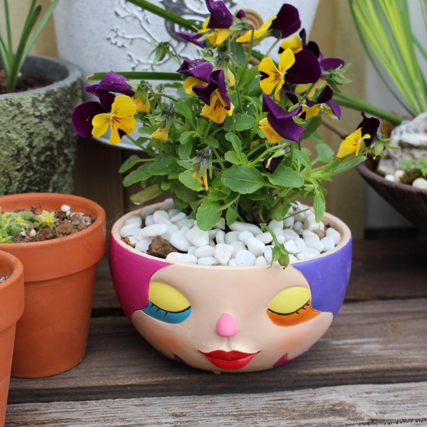 BJVF Unique Face Flower Pot Head Planter - Abstract Colorful Resin Cute Girl Statue Planter with Closed Eyes for Indoor & Outdoor Plants