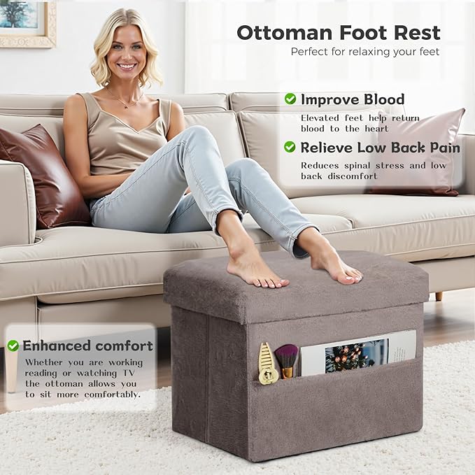 Ottoman with Storage, Folding Soft Fur Ottoman Foot Rest Stool with Thicker