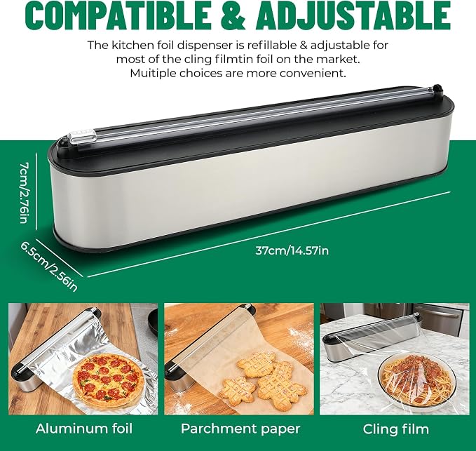 Stainless Steel & Plastic Wrap Dispenser with Cutter, Magnetic No-Drill Wall Mount Aluminum Foil Holder with Slide Cutter, for Cabinets, Space-Saving Kitchen Organizer (Silvery-Stainless Steel)