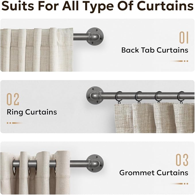 Zeerobee Curtain Rods for Windows 72 to 144, 1 Inch Industrial Wrap Around Grey Curtain Rod, Indoor/Outdoor Room Divider Adjustable Drapery Pole, 72"-144"