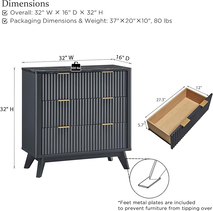 T4TREAM Fluted 3 Drawers Nightstand, Oversized Extra Large Modern Side Table