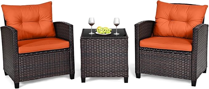 HAPPYGRILL 3 Pieces Patio Conversation Set, Outdoor Furniture Set PE Rattan