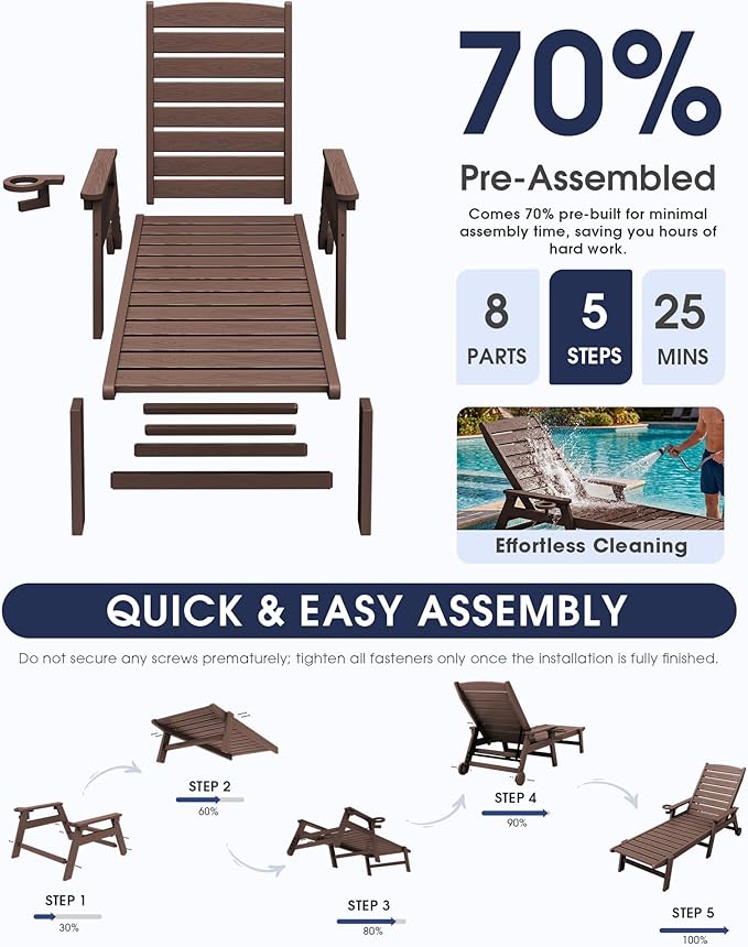 KINGYES HDPE Lounge Chair Outdoor, Patio Chaise Lounge Recliner