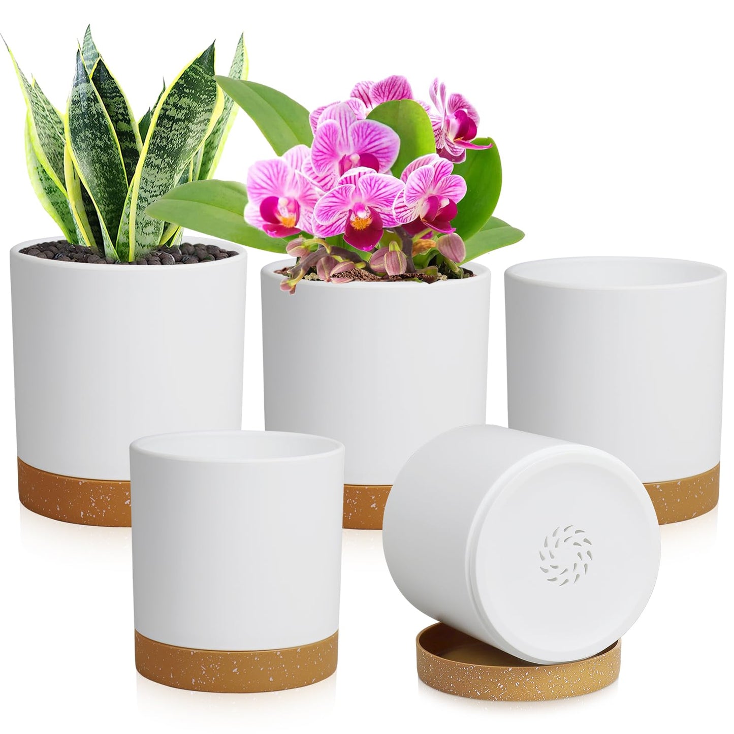 WSMKSZ 5 Pack Cylindrical Flower Pots with 7/6.5/6/5/4 inch, Modern Small Plastic Plant Pots with Drainage Holes & Saucers, Round Planter Pots for Outdoor, Indoor & Office Decor (White Brown)
