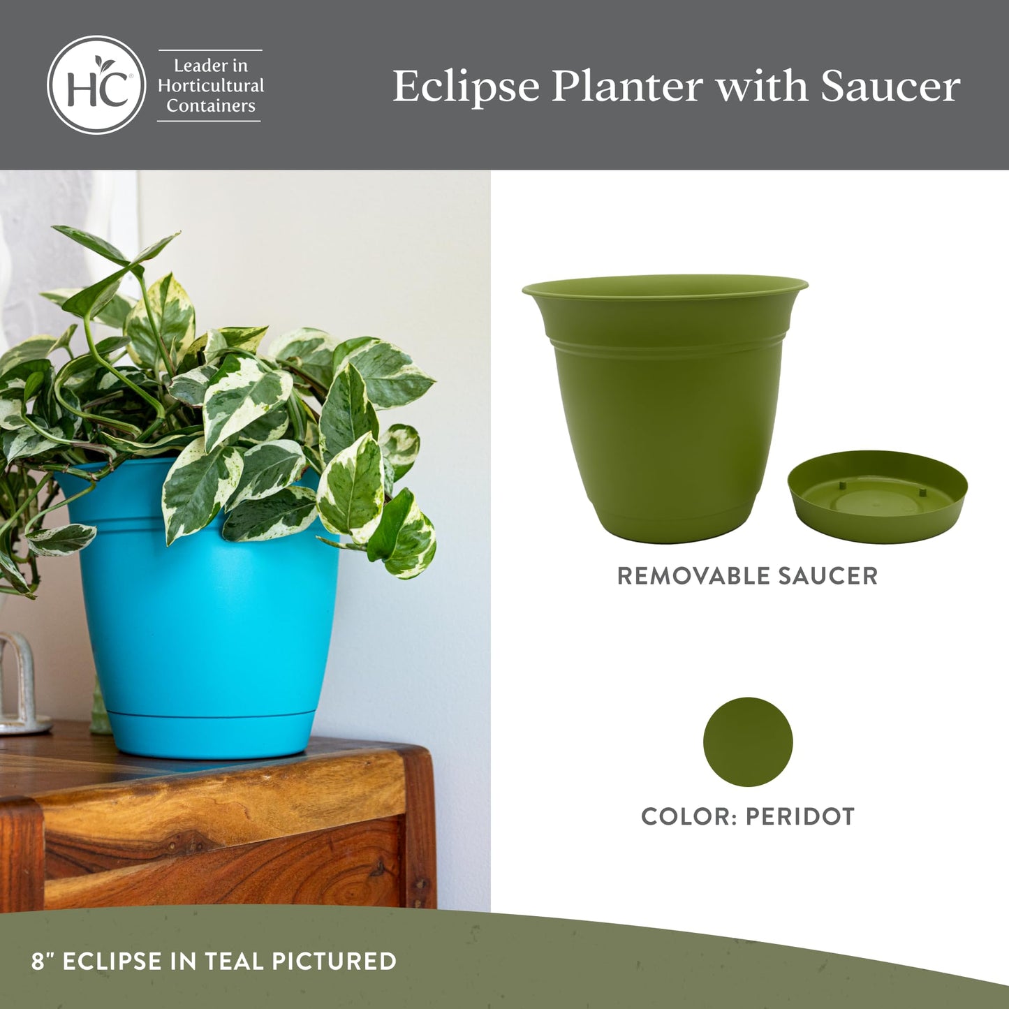 The HC Companies 8 Inch Eclipse Round Planter Pots with Drainage Holes & Attached Saucer, Lightweight UV-Resistant Plastic Indoor Outdoor Planters, 4-Pack Flower Pots for Garden & Home Decor, Peridot
