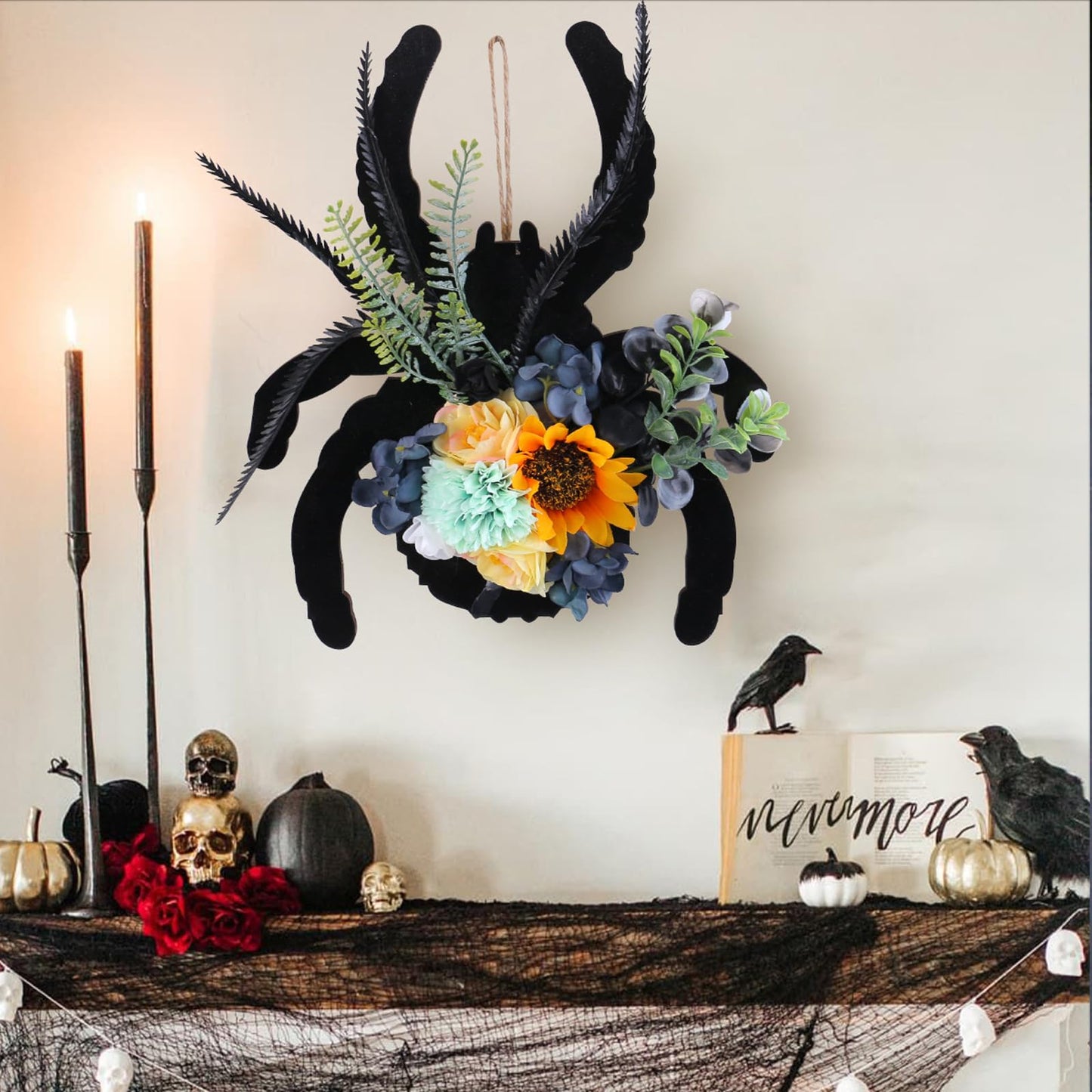 Halloween Spider Wreath with Sunflowers and Black Feathers, Wooden Pendant for Front Door Decoration Fall Halloween Party Decor Supply