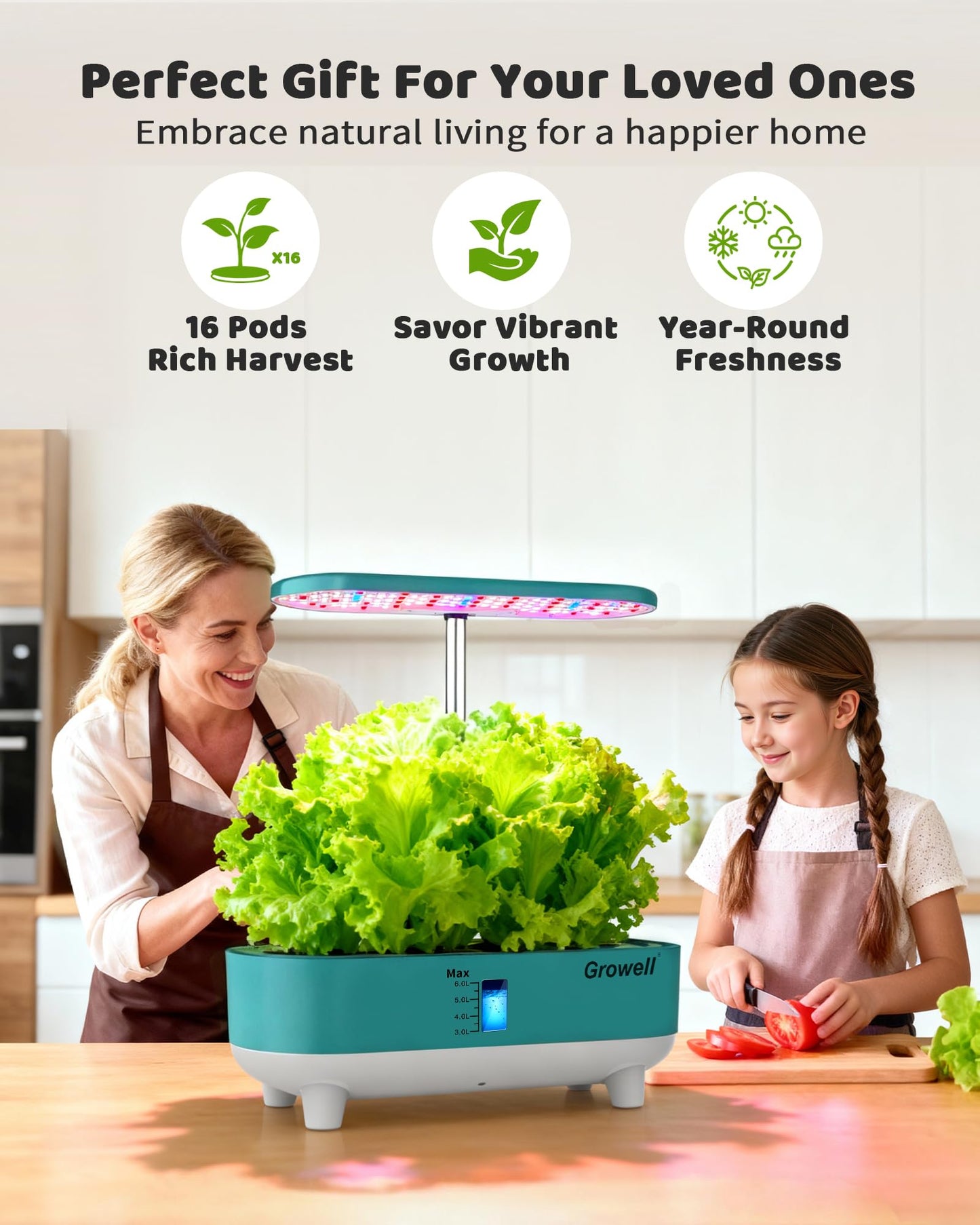 Growell Hydroponics Growing System Kit, 16 Pods, Vertical 8L Indoor Gardening System for Herb Vegetable Fruit, Hydro Garden with LED Grow Light, Smart Water Circulation, 3 Light Modes & 2 Timer, Green