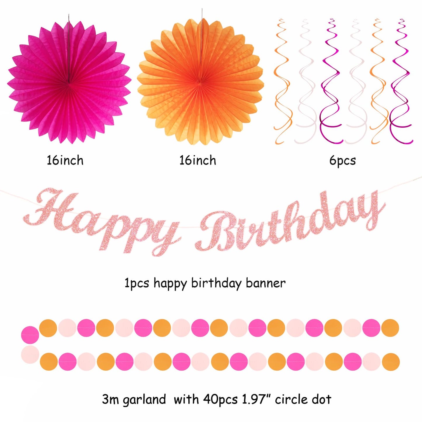 Hot-Pink Orange Fall Birthday Party-Decorations - 21pcs Autumn Women Peach Happy Banner,Girls Groovy Paper Streamers Lanterns Honeycomb,Tissue Flowers Pom Poms Fan, Boho Garland Room Decor