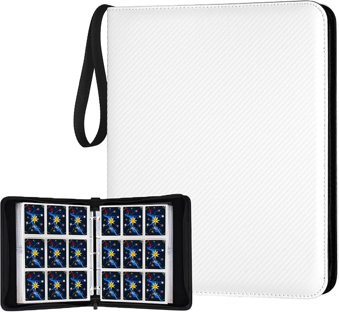 900 Pockets Round Ring Trading Card Binder, 9-Pocket Clear Zipper Card Album with Wrist Strap, Holds 900 Standard TCG & Sports Cards, Not Fit Top Loaders (Carbon White)