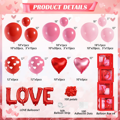 OTLGEUA Valentines Day Balloons Garland Arch Kit, Pink Red Valentines Day Party Decorations with XOXO LOVE Boxes for Women Girls Wedding Engagement Anniversary