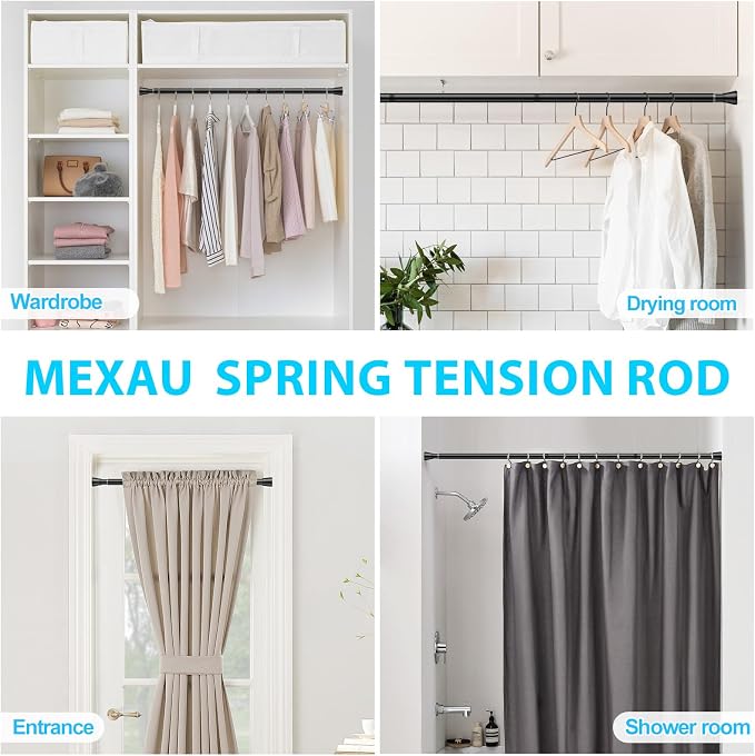 MEXAU 1 Pack Black Shower Curtain Rod 16 To 26 Inch Tension Shower Rod For Bathroom 7/8" Adjustable Spring Curtain Rod No Drilling Spring Rod Black Tension Curtain Rods for Windows Doorway Closet