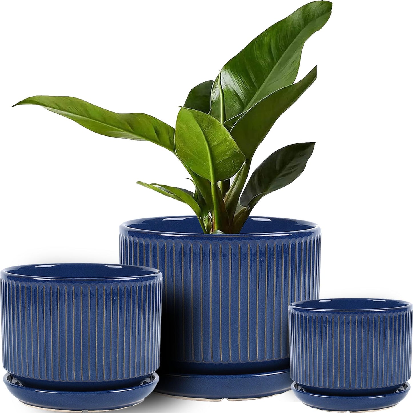 TANEW Ceramic Plant Pots with Drainage Hole and Saucer, Set of 3, 4.3+5.5+6.7 Inch Stripe Garden Planter Pots for Outdoor Indoor Succulent Orchid Plants Flower, Gifts for Mom, Reactive Glaze Blue