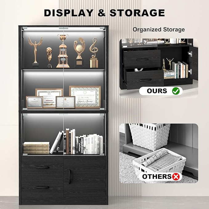 Display Cabinet with Glass Doors, 4-Tier Display Case with 3-Color Lights &