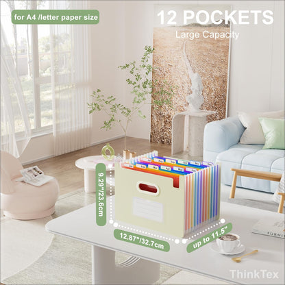 ThinkTex Accordion File Organizer, 12 - Pocket Expanding File Folders Upright & Open Top,for Paper Receipts, Bills&Taxes Organizer, Letter/A4 Size for School, Office, Home with tab- Beige Color