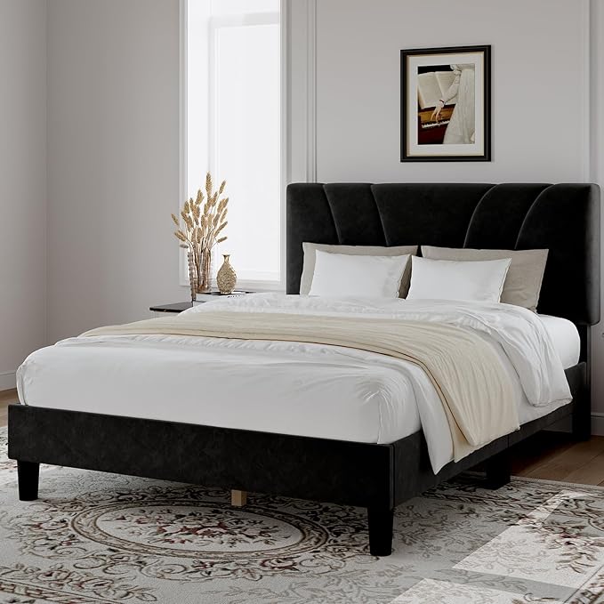 Novilla King Bed Frame and Headboard, King Bed Frame, Velvet Upholstered Bed