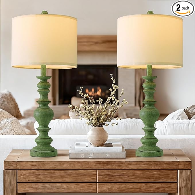 BOBOMOMO 27" Sage Green Table Lamps Set of 2, Large Farmhouse Resin Lamps