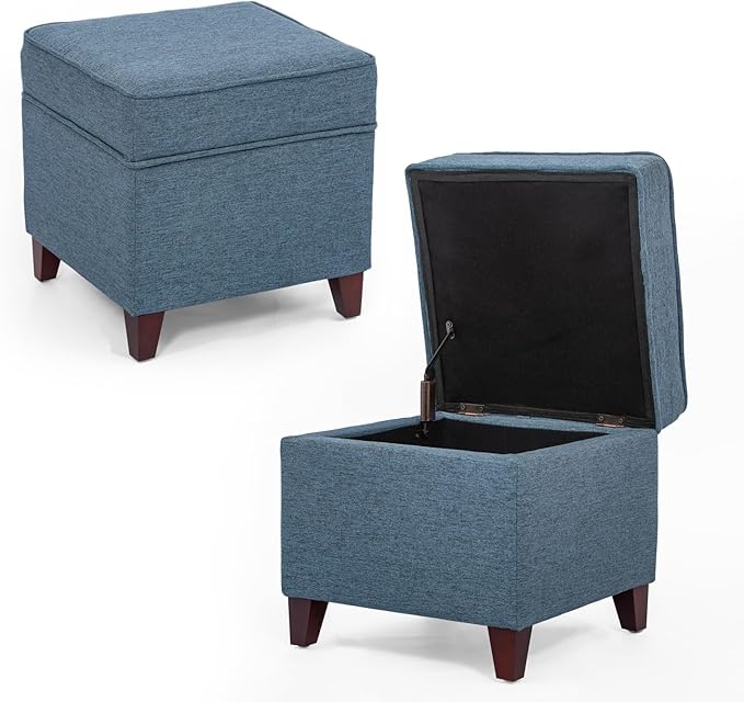 Adeco 17" Square Ottoman with Storage, Small Blue Storage Ottoman Foot Rest
