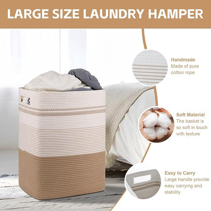 80L Large Cotton Rope Laundry Basket for Bedroom & Laundry Room, Tall Clothes Hamper with Sturdy Handles, Neutral Storage Bin Capable of Holding Blankets and Toys