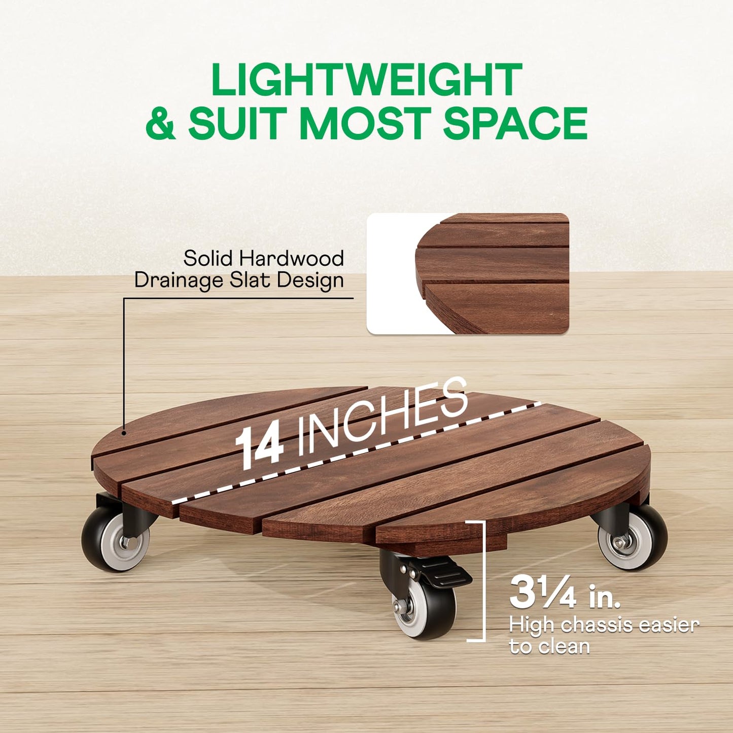 2pack Wood Plant Caddy With Wheels Heavy Duty Red Brown, 264 Lbs Capacity, 12 Inch Acacia Hardwood Plant Roller, Plant Stand with 360° Lockable Wheels, Plant Caster for Heavy Objects Hauling
