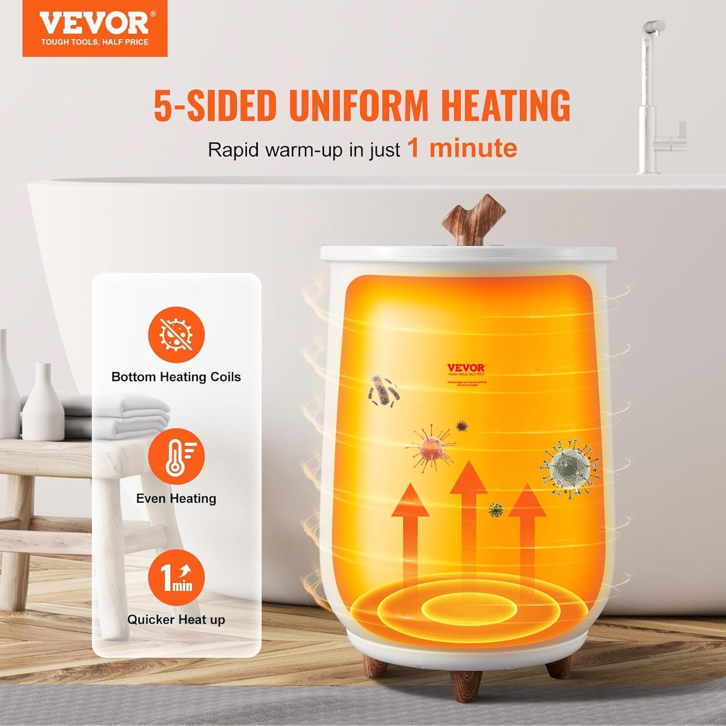 VEVOR Towel Warmers for Bathroom, Towel Warmer Bucket Auto Shut Off for Spa Fits up to 3 Oversized Towels, Blankets, Clothes, Bathrobes, PJ's and More