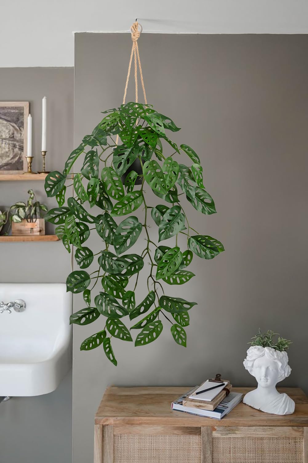 Large Fake Hanging Plants in Pot with Hook, 37" Artificial Hanging Monstera Albo Vines Plants, Fake Potted Greenery Plant for Room Wall Living Room Bathroom Kitchen, Big Faux Ivy Houseplants for Shelf