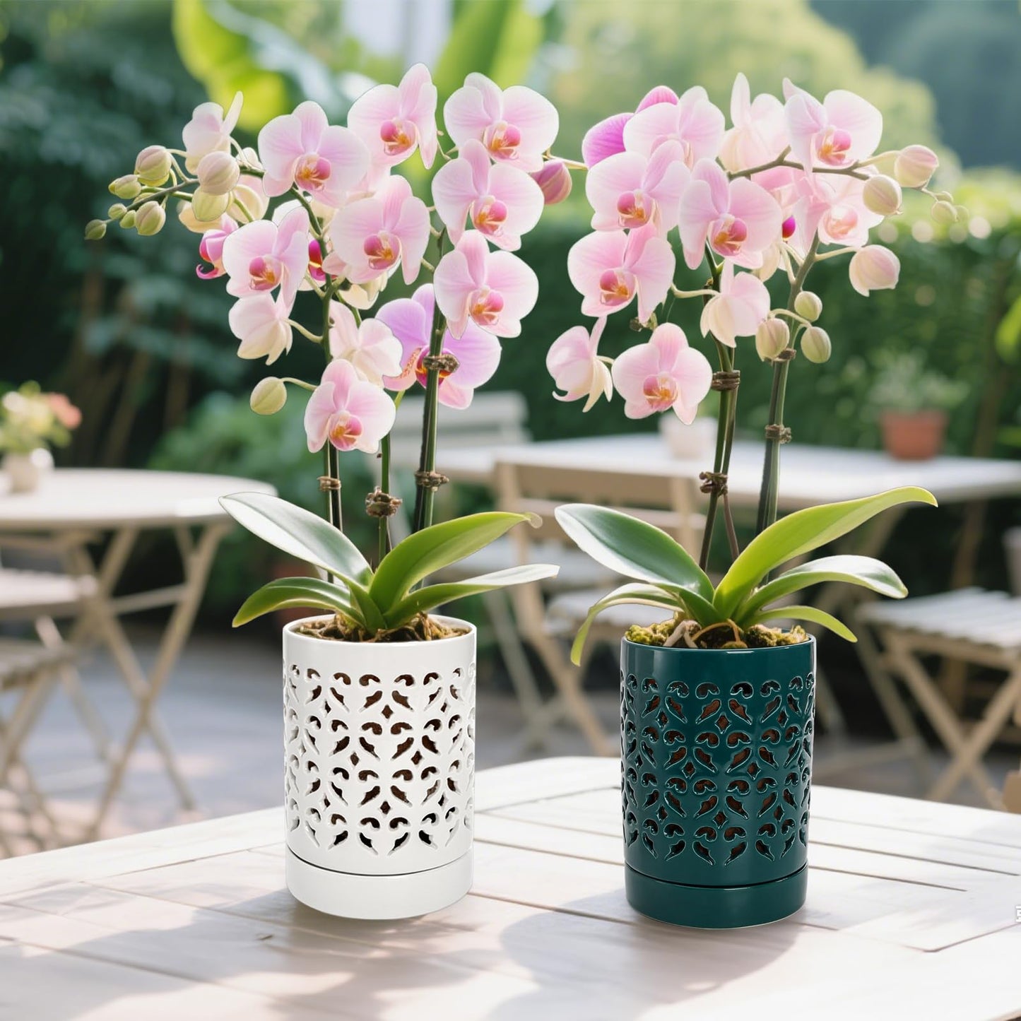 Jucoan 2 Pack Orchid Pots with Holes and Saucer, 4 Inch Ceramic Slotted Orchid Planter Pots for Repotting Indoor Outdoor Plant, Elegant Beige White and Green