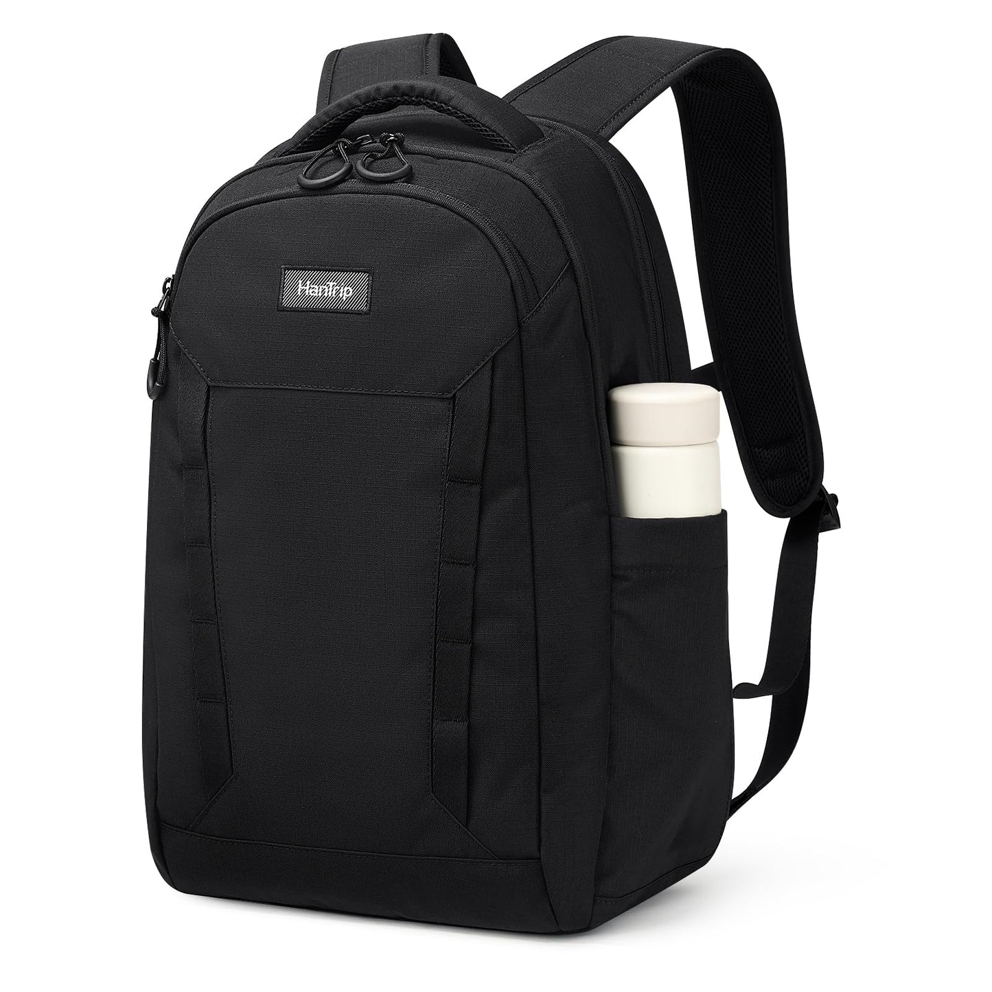 HanTrip Travel Laptop Backpack Carry On, 18 Inch Large Work Backpack School Book Bags, Light Water Resistant Backpacks for Women Men with Luggage Strap Water Bottle Pocket Chest Strap, Black