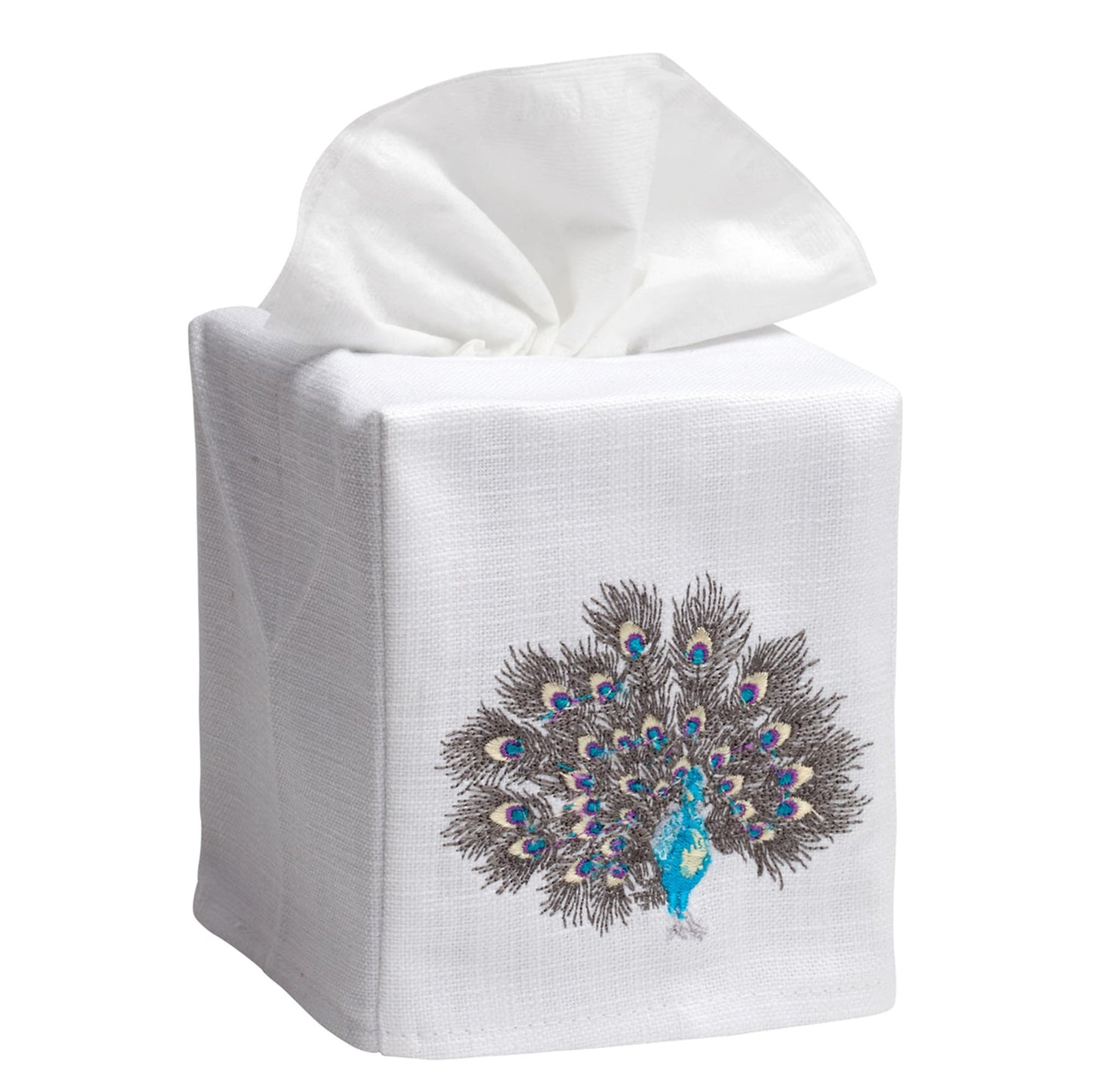 Jacaranda Living Square Tissue Box Cover, Linen/Cotton Fabric Tissue Holder, Decorative Cloth Tissue Cube Cover, Animal Designs Feathered Peacock (Turquoise, Pewter)