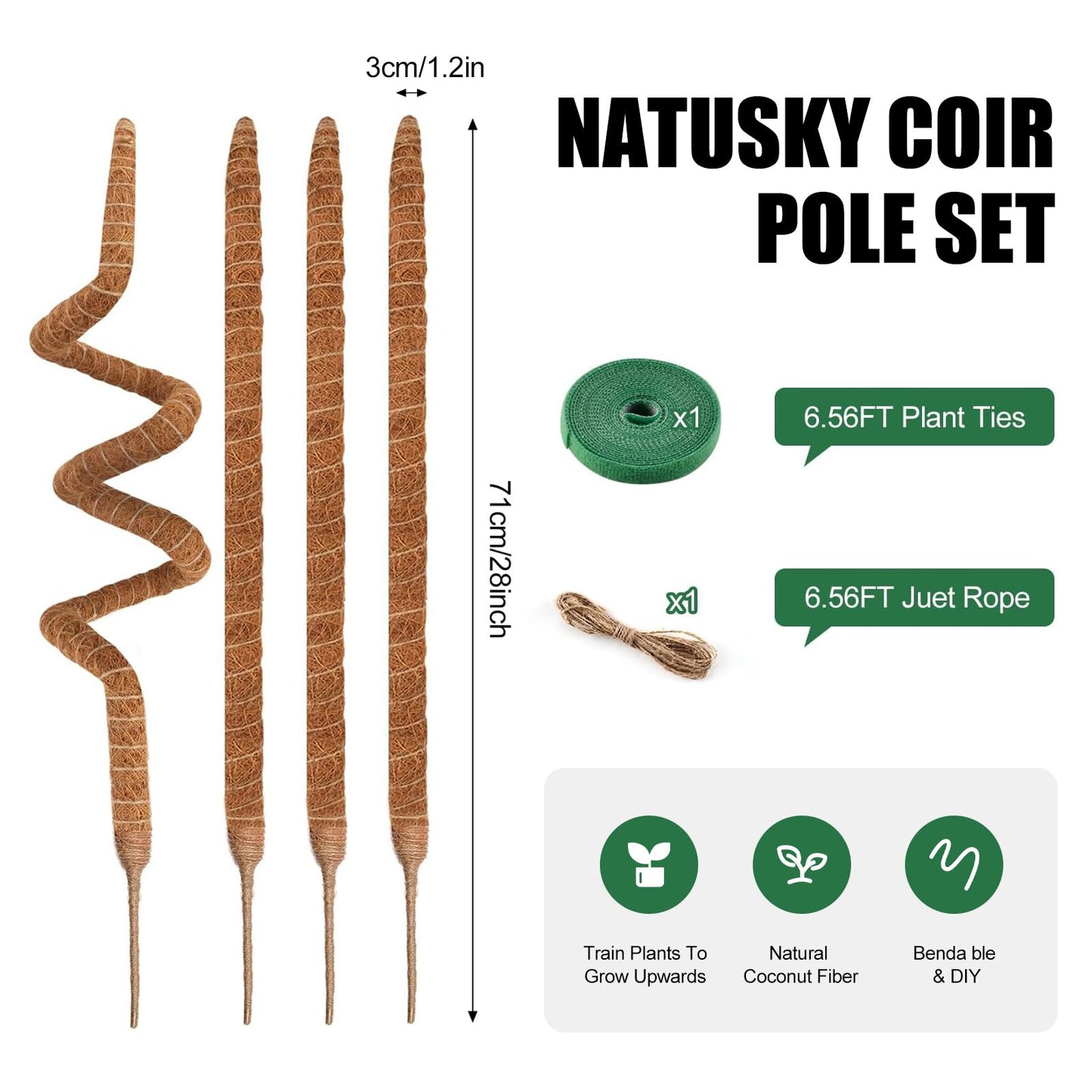 4 Pack Moss Pole, 28 Inch Bendable Moss Poles for Plants Monstera for Climbing Plants, Handmade Coco Coir Pole Plant Sticks Support Stakes for Indoor Plants Plant Grow
