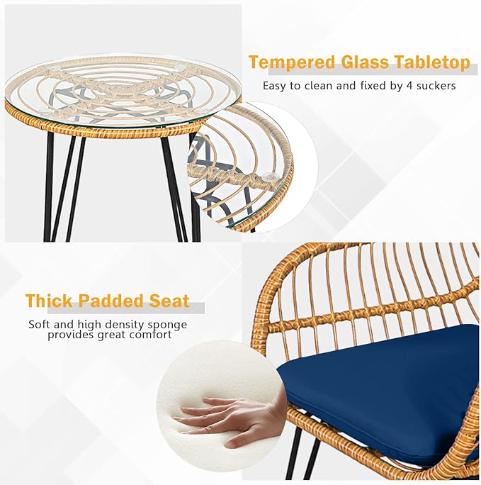 Tangkula 3 Pieces Patio Bistro Set, Rattan Conversation Set