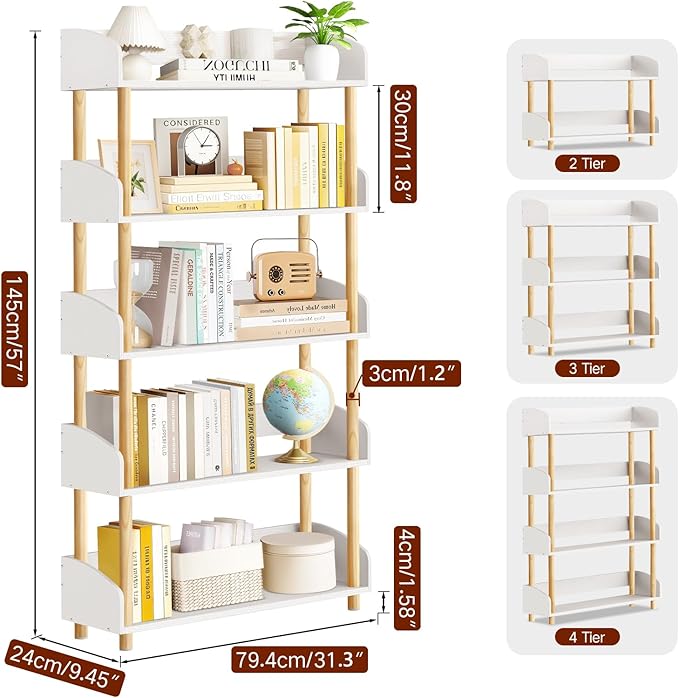 5-Tier Wooden Bookshelf, Modern Open Bookcase
