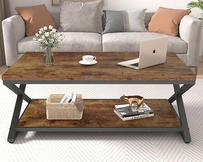 HSH Wood Coffee Table with Storage, Farmhouse Rustic Brown Coffee Table