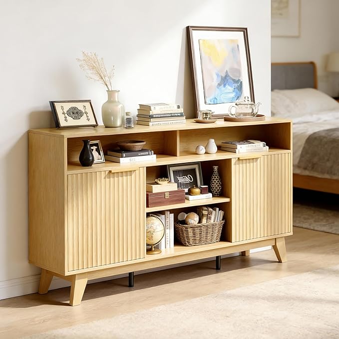 VINGLI Boho Fluted TV Stand for 70 Inch TV, Tall Wooden TV Console