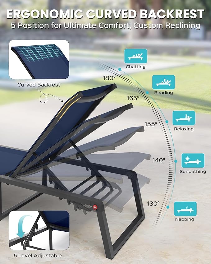 Aluminum Chaise Lounge Chair Outdoor, Foldable& No Assembly Patio Pool Lounge