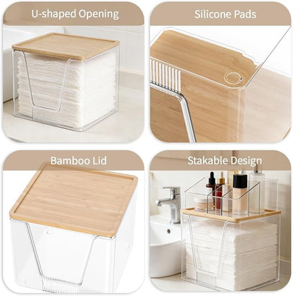 2 in 1 Disposable Facial Towel Holder and Cosmetic Organizer, Clear Storage with Bamboo Lid Compatible with Clean Skin Club Towel XL, Stackable Vanity Organizer for Bathroom Vanity Counter (1 Pack)