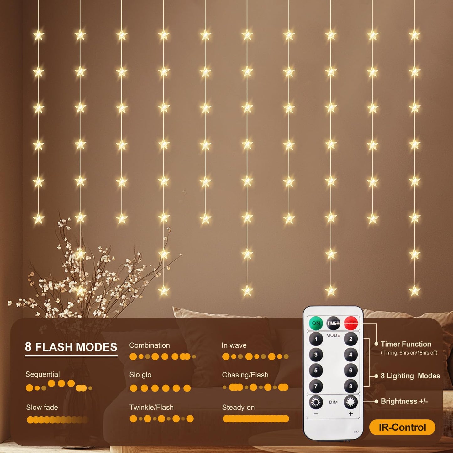 Patioman Star Curtain Lights, Warm White Window Lights 70 Stars Hanging Light with Remote Fairy Led Twinkle String Lights Home Bedroom Wall Ceiling Décor for Christmas, Wedding, Party, Birthday