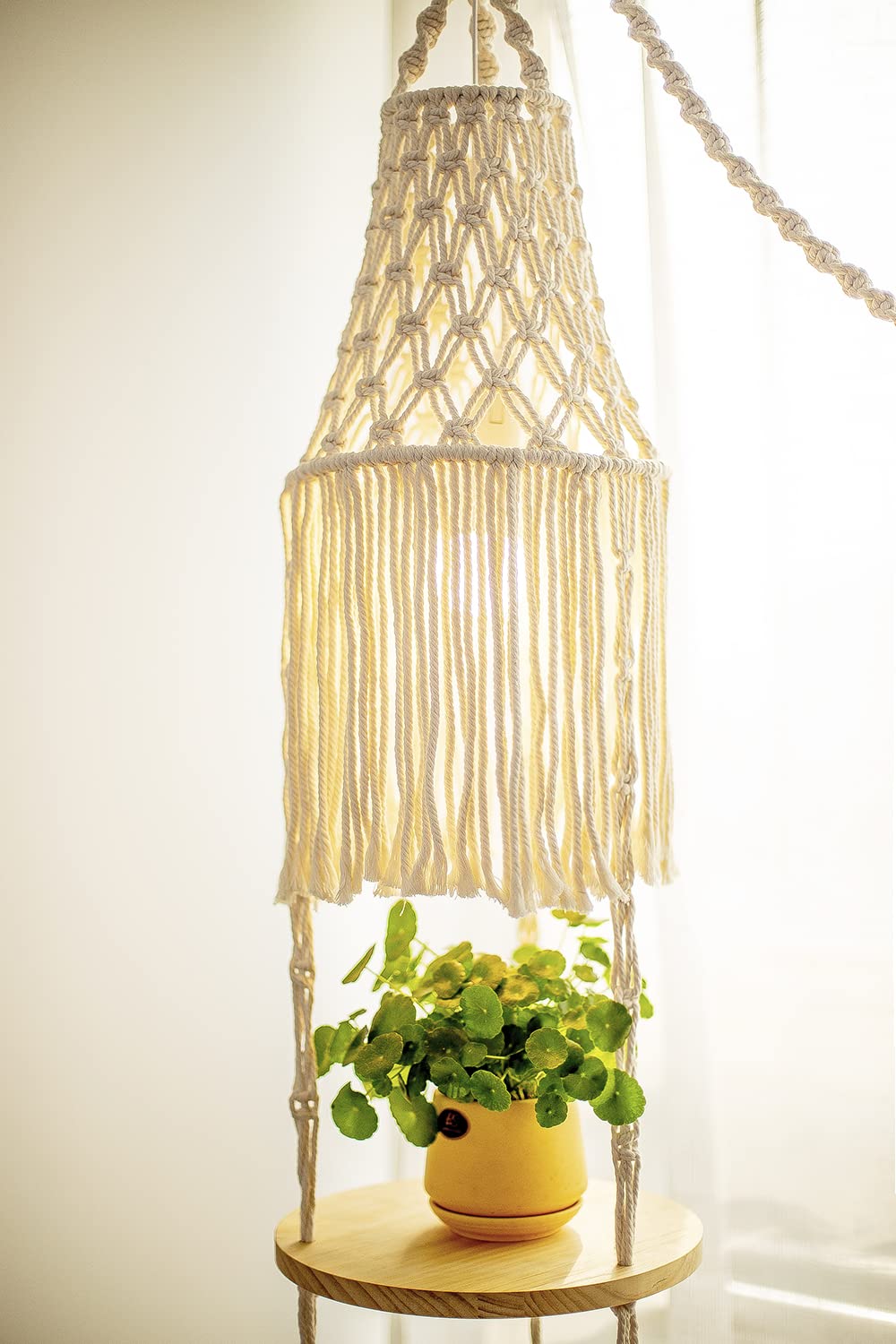 YKBU Macrame Plant Hanger Shelf Hanging Rope Shelf Indoor with Boho Lamp Shade 3 Tier Floating Round Shelves Decorative Shelf Flower Pot Holder Planter Display Rack Boho Home Decor-1 Set