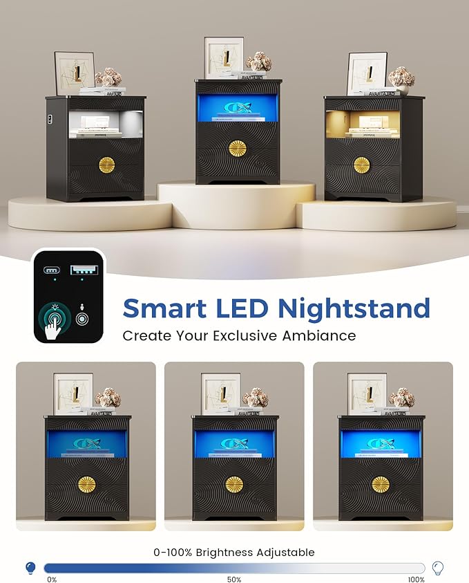 Nightstands Set of 2 with Gun Drawer, Bedside Table with 3-Color LED Lights &