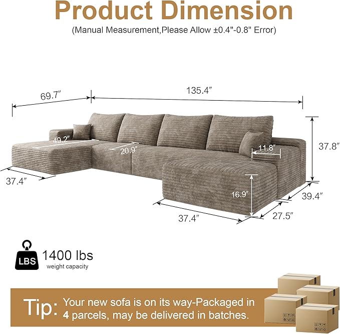 136" Sectional Couches for Living Room Cloud Couch Sofa