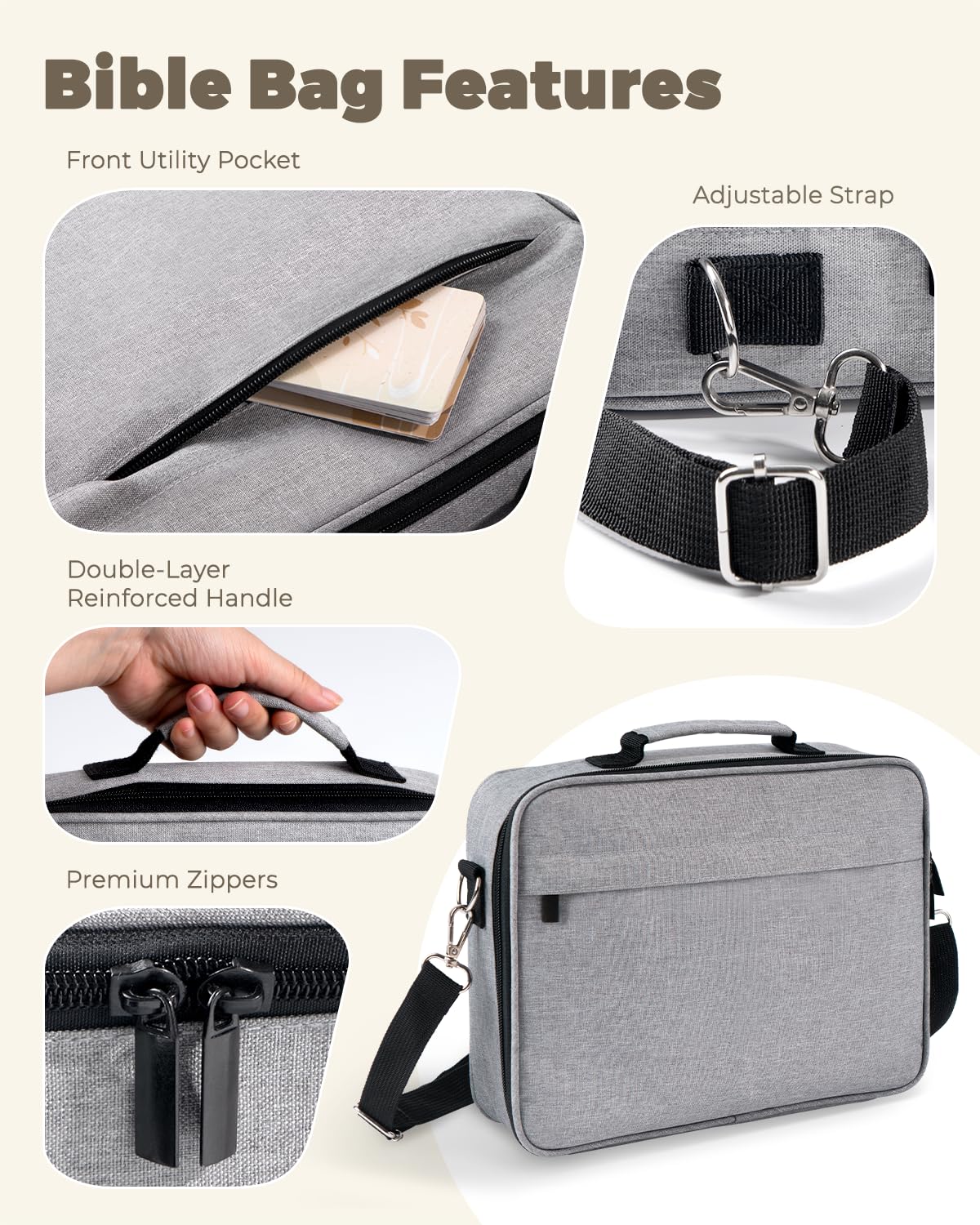 WEMATE Large Capacity Bible Cover Case, Waterproof Study Supplies Tote Bag with Double-Layer Handle & Shoulder Strap, Bag for Women and Christian (Grey)