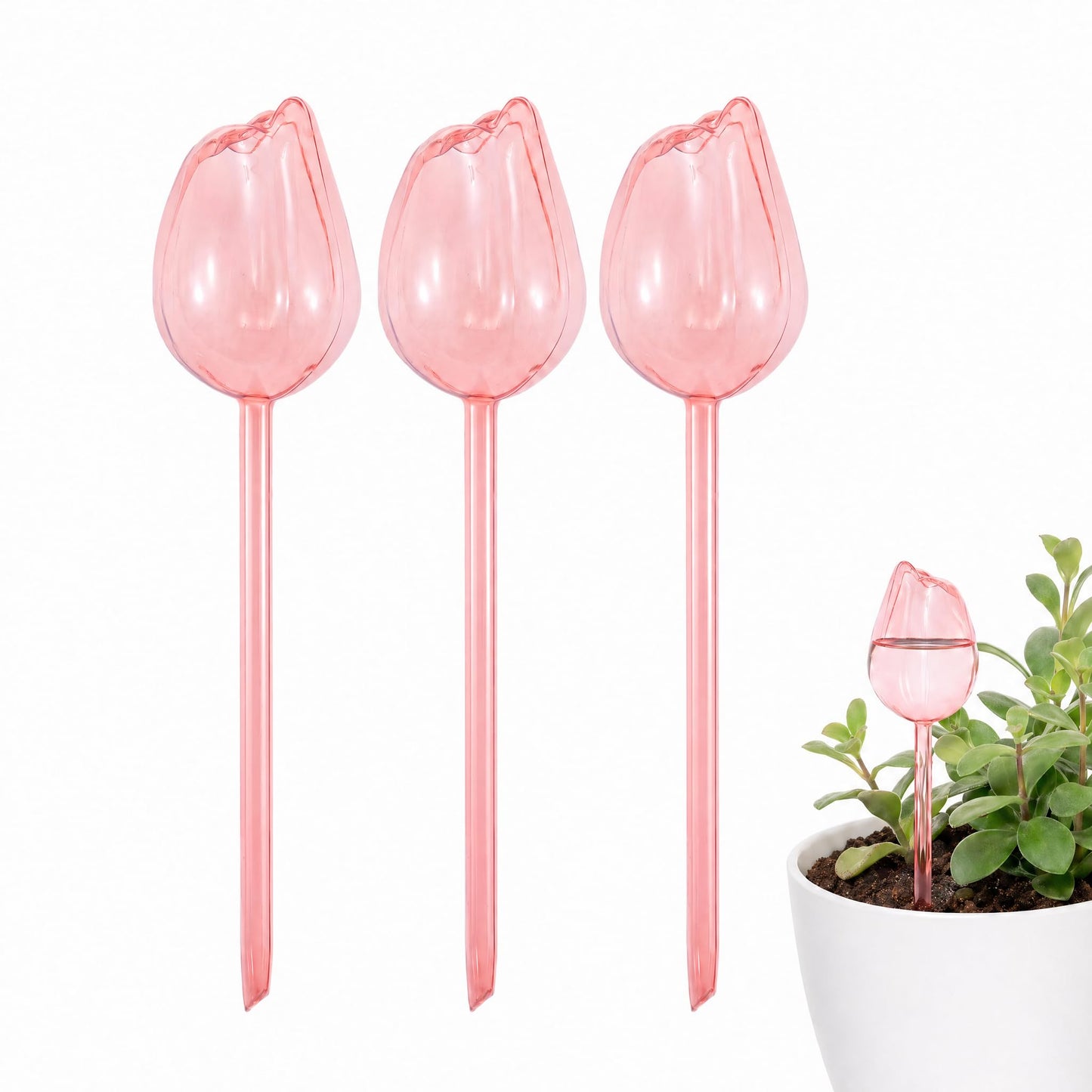 Kysren 3 Pcs Self Watering Globes for Indoor Plants - 9.6" Pink Tulip Plant Watering Devices for Vacation, Shatterproof Clear Plastic Watering Bulbs