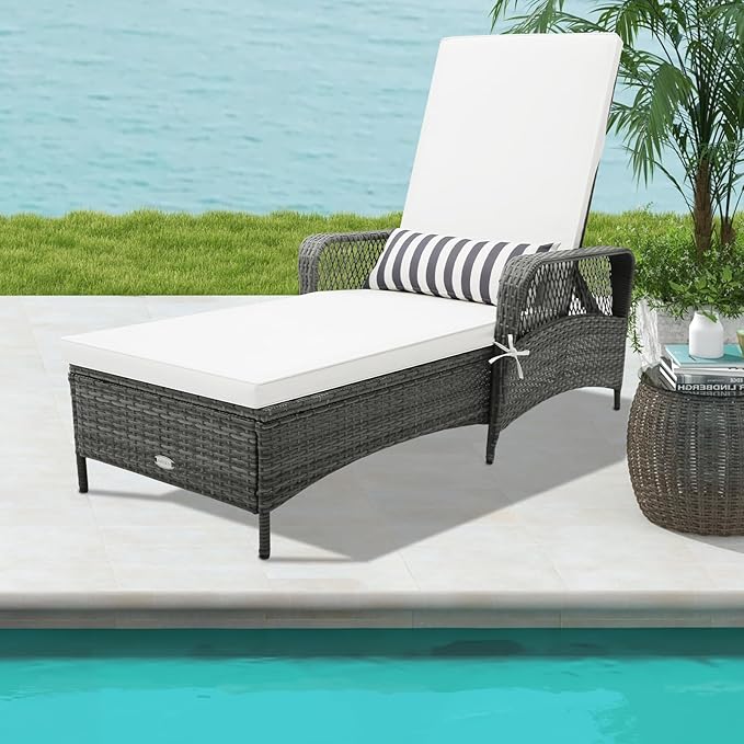 COSTWAY PE Rattan Chaise Lounge Chair, 6 Gear Adjustable Recliner