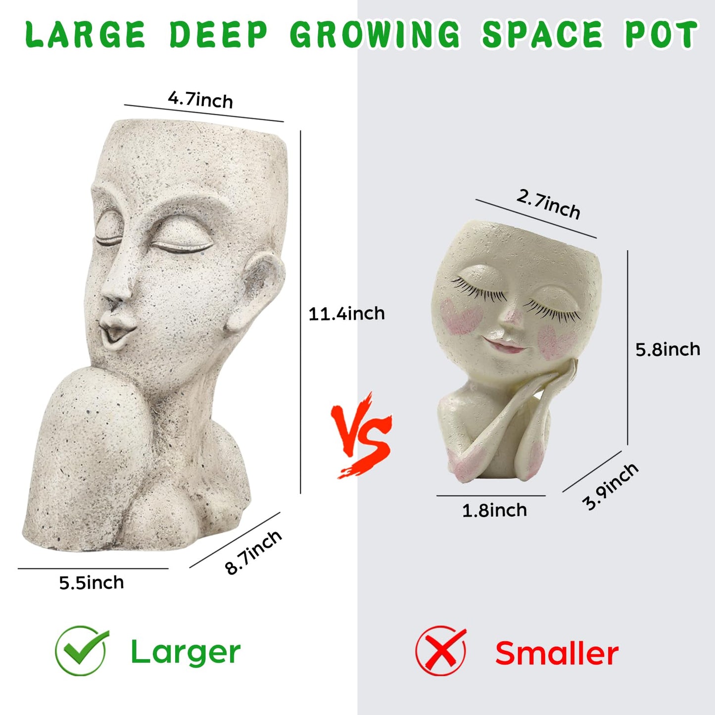 FIMOFIDRE Face Head Planter Pots for Indoor Outdoor Plants Large Flower Pots Unique Succulent Planter with Drainage Hole Creative Lady Pot Resin Women Statue Vase Garden Decor- 11.4 x 8.7 x 5.5 Inch