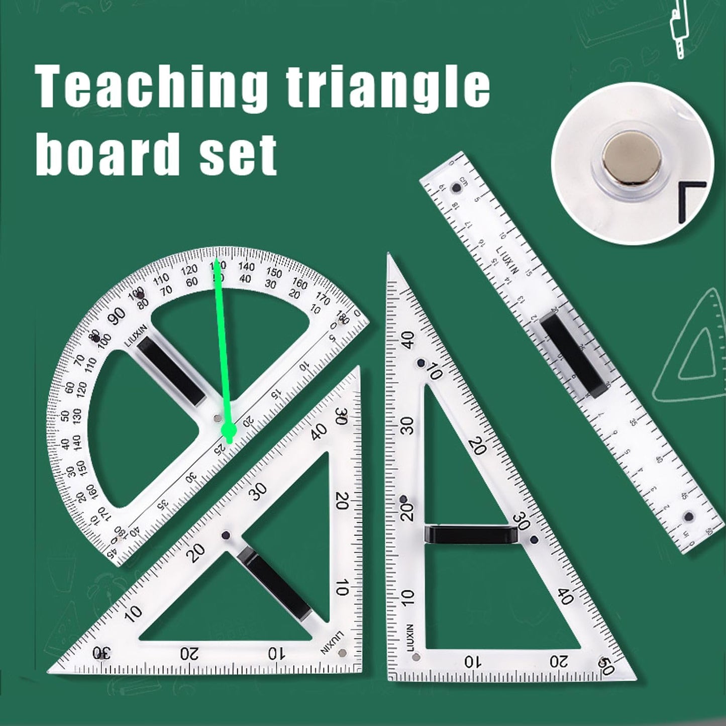 Magnetic Geometry Tool, Protractor, Triangle Rulers Easy Attachment Blackboard Measurement Kit, Teacher Board Protractor Multi-Purpose Kit Large (Transparent-3pc)