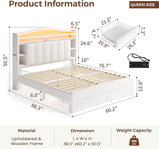 Queen Size Bed Frame with LED Storage Headboard & 2 Storage Drawers, Velvet